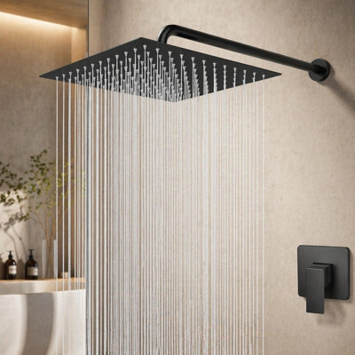 Pomme de douche surdimensionnée en acier inoxydable surdimensionnée de 16 pouces Pomme de douche haute pression noire matte, pomme de douche carrée à pluie cascade intégrale pour plafond ou fixation murale