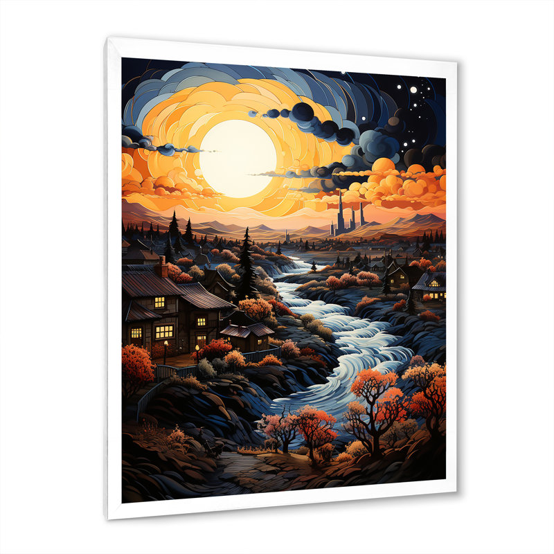 «Van Gogh», reproduction d'art sur toile, «Vangogh Village At Sunset I», H 32 po x l 16 po x P 1 po, Cadre simple blanc