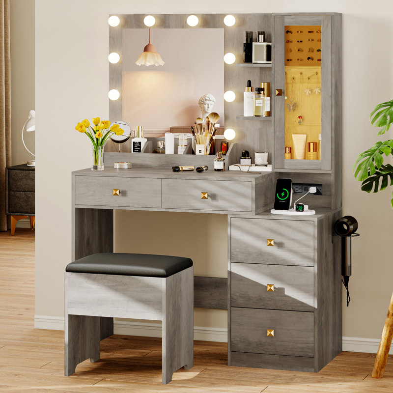 Bureau de coiffeuse avec miroir et lumières, coiffeuse de maquillage avec 5 tiroirs et organisateur de bijoux caché