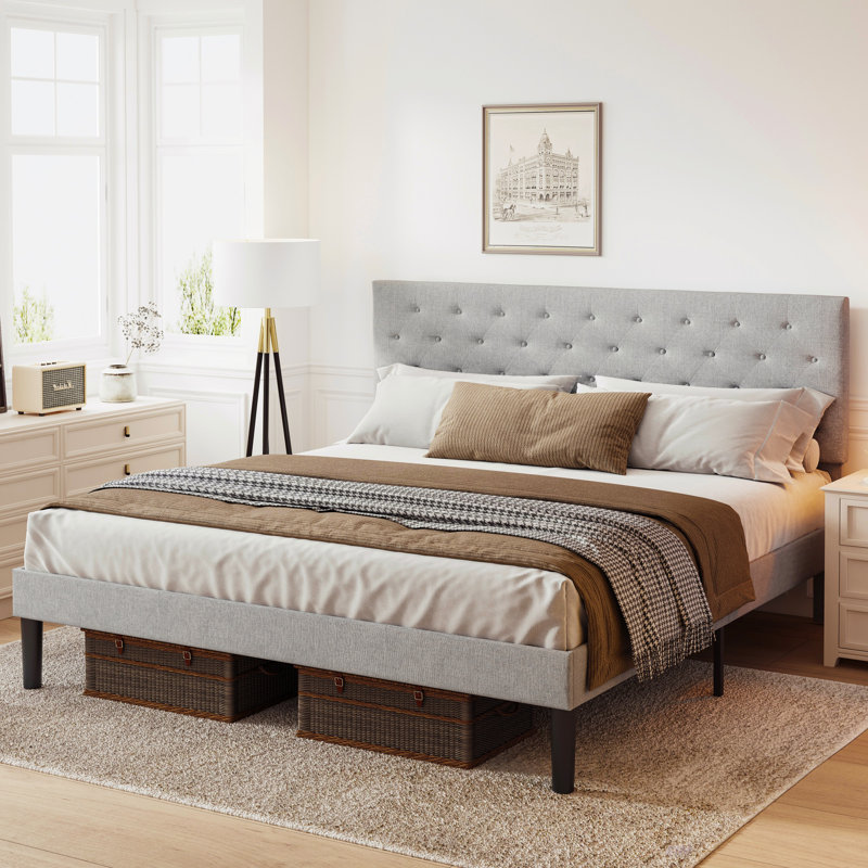 Simple Grey Bed Frame, Adjustable Headboard (Bed), King