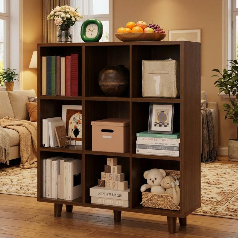 9-Cube 3-Tier Open Bookshelf, Modern Wood Finish Storage Organizer