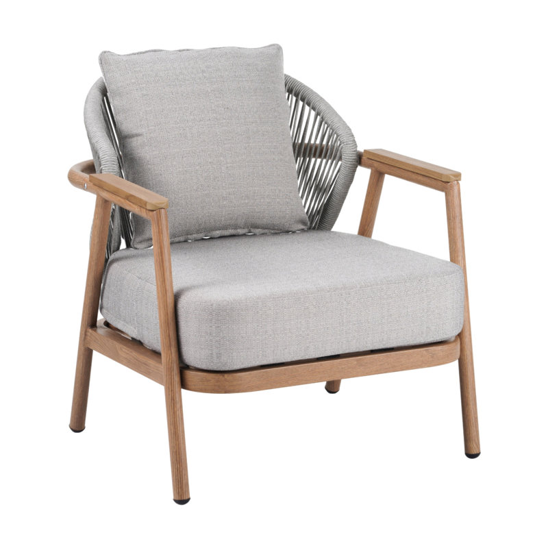 Fauteuil club en corde Orla, fini teck avec coussin taupe texturé Orla, Taupe