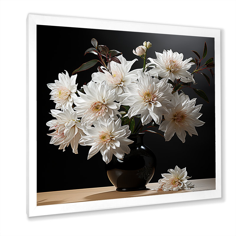 Reproduction d'art sur toile, "Chrysanthèmes noir et blanc", Cadre simple blanc, H 24 po x l 24 po x P 1 po