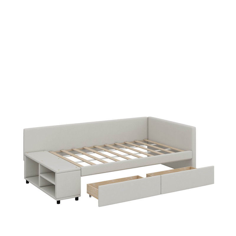 Lit plateforme simple tapissier en forme de L avec tiroirs, Beige