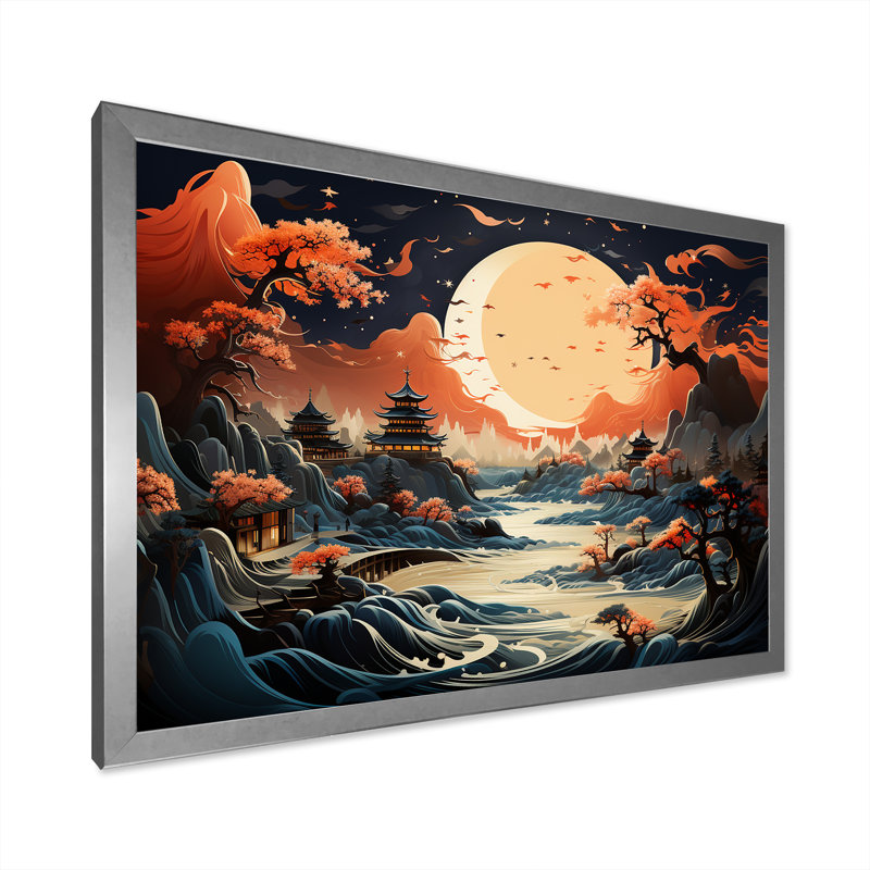 «China Mountain and River Landscape Bliss II», art mural Chine, Cadre de coin fermé argenté, H 16 po x l 32 po x P 1 po