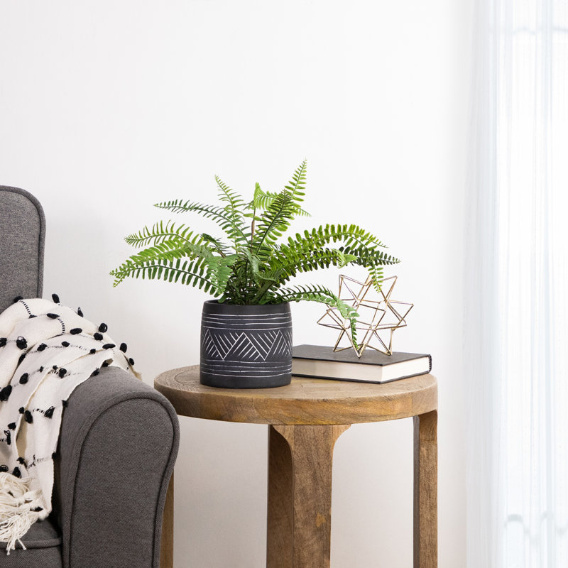 12'' Green Faux Fern Plant in Charcoal Aztec Ceramic Pot