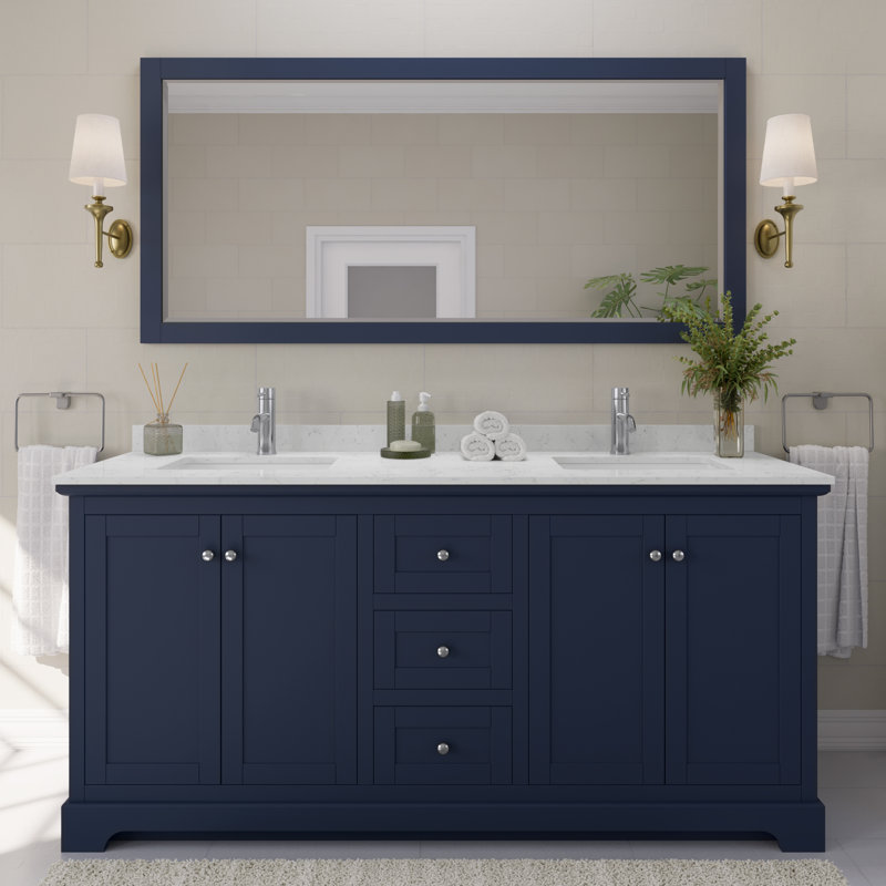 Avery 72'' Double Bathroom Vanity with Marble Top, Light Vein Carrara Cultured Marble, Dark Blue, Polished Chrome