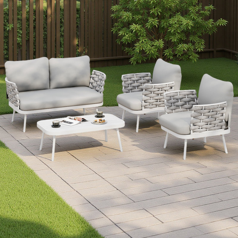 Ensemble de recouvrement en acier 4 pièces, 4 pièces: 2 chaises, table, causeuse, Gris, Blanc cassé
