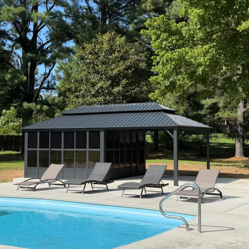 PURPLE LEAF 12'W x 24'D Double Roof Sunroom All-Weather Aluminum Hardtop Gazebo with Screen Enclosure for Backyard