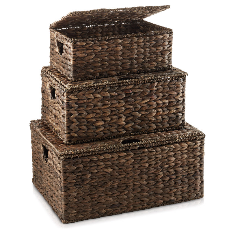 Casafield Water Hyacinth Rectangular Storage Baskets with Lids (Small, Medium, and Large)