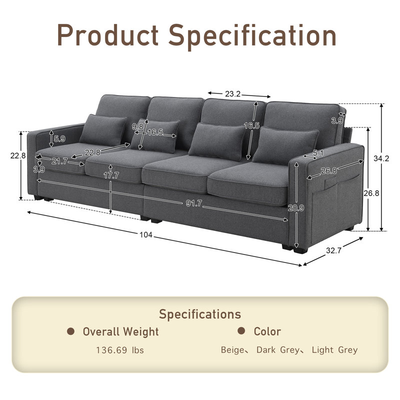Canapé modulaire en tissu 4 places, Gris foncé