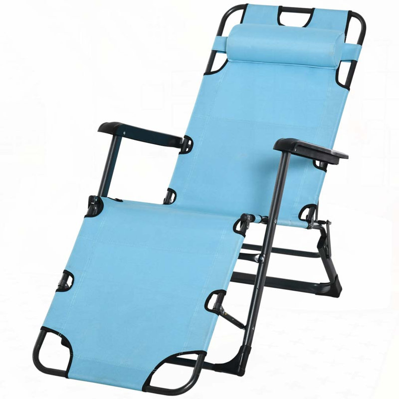 Folding Chaise Lounge Chair for Outside, 2-in-1 Tanning Chair with Pillow & Pocket, Adjustable Pool Chair, Blue