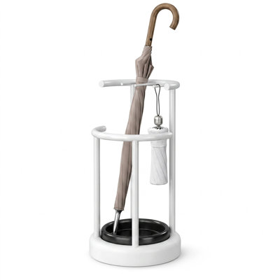 Porte-parapluie en métal blanc, 30 x 57 cm, avec bac égouttoir amovible noir, idéal pour l'entrée, le bureau et la maison.