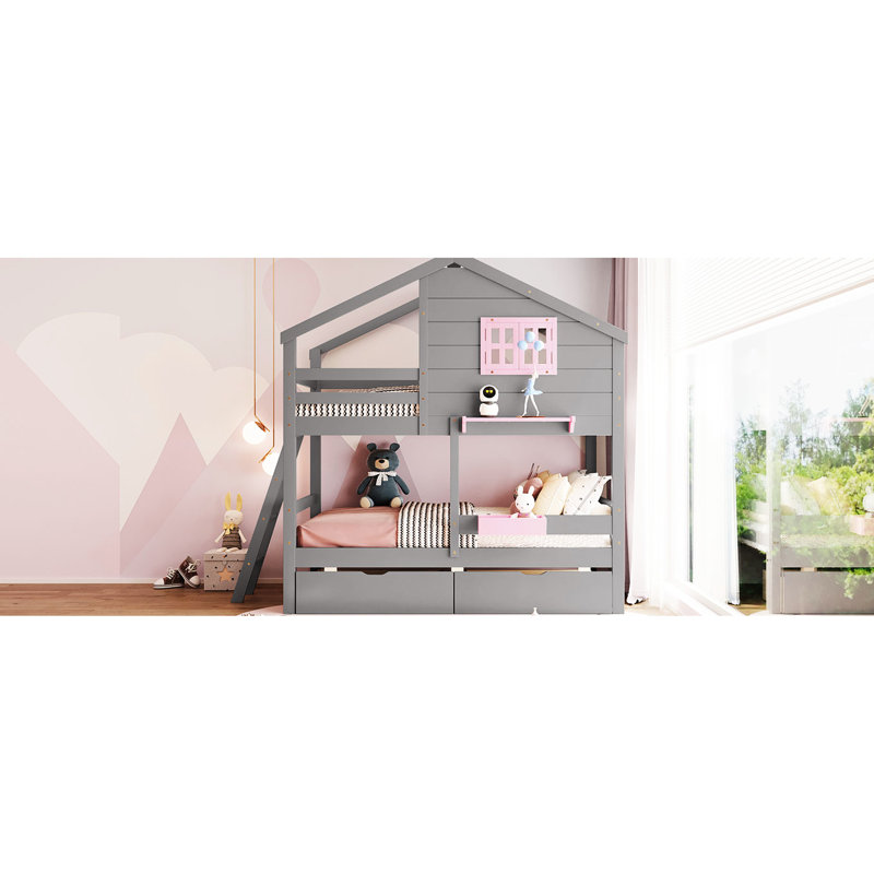 Twin Over Bunk Bed In Gray. Includes 2 Drawers, Storage Box, Shelf & Window. Solid Wood. For Older Than 6 Comes With Wood For Stability. Years And Above
