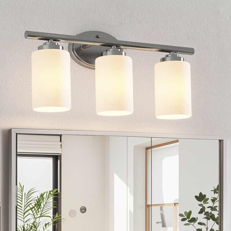 3-Light Dimmable Bathroom Vanity Light, Modern Light Fixtures with White Frosted Glass Shades (3 ST19 Bulbs Included), Nickel