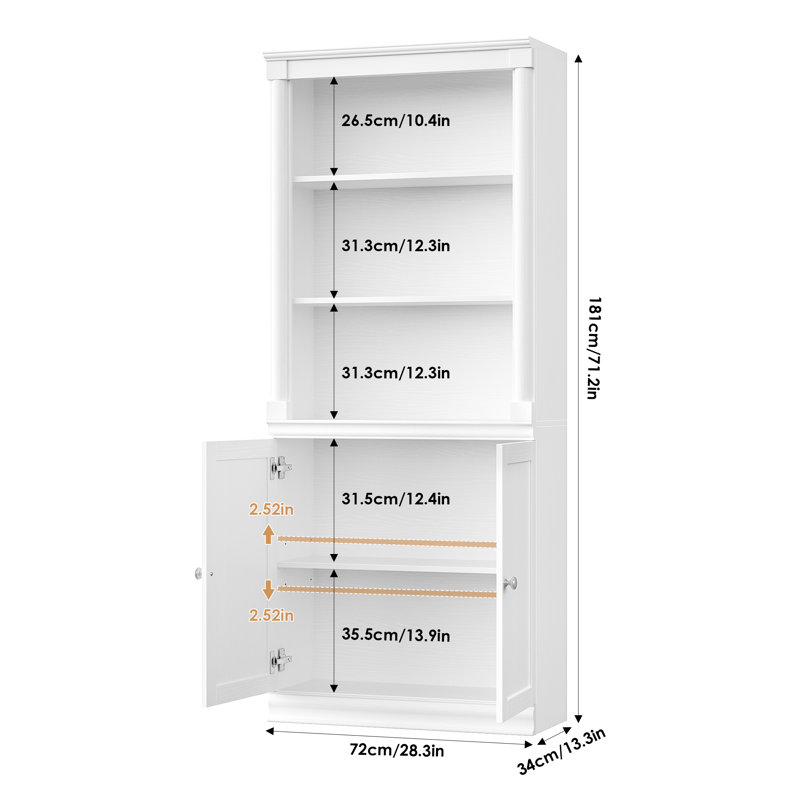 71"H Wood Standard Storage Bookcase with Cabinet, White