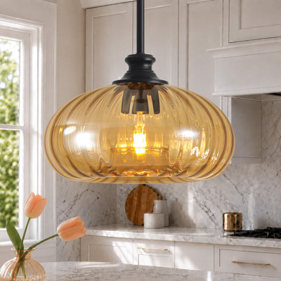 Alejo 10.8" 1-Light Ribbed Glass Pumpkin Pendant Light for Kitchen Island
