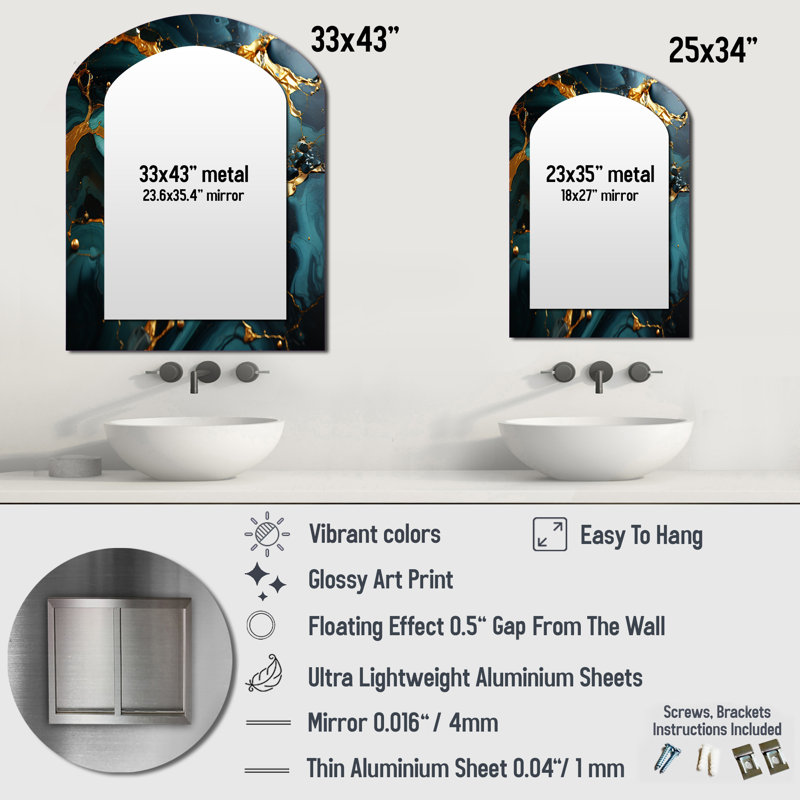 Green and Gold topaz Agate Granite II - Abstract Asymmetrical Decorative Mirror, Gold Arch Wall Mirror, Printed Metal Art