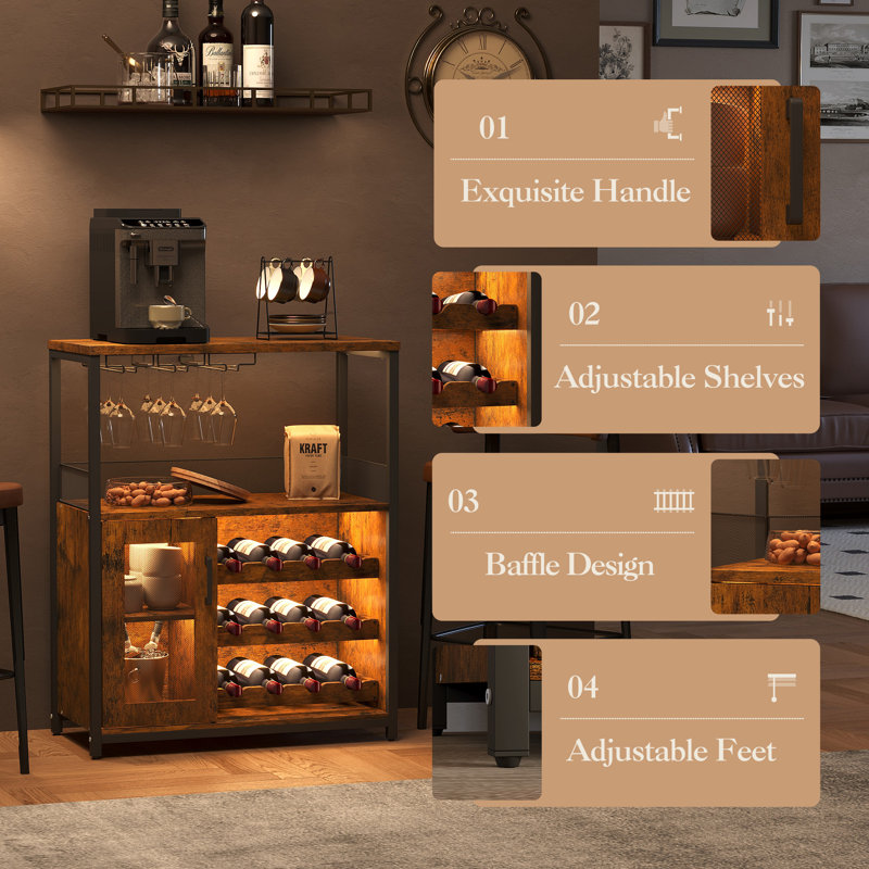 Wine Bar Cabinet with Led Lights, Brown