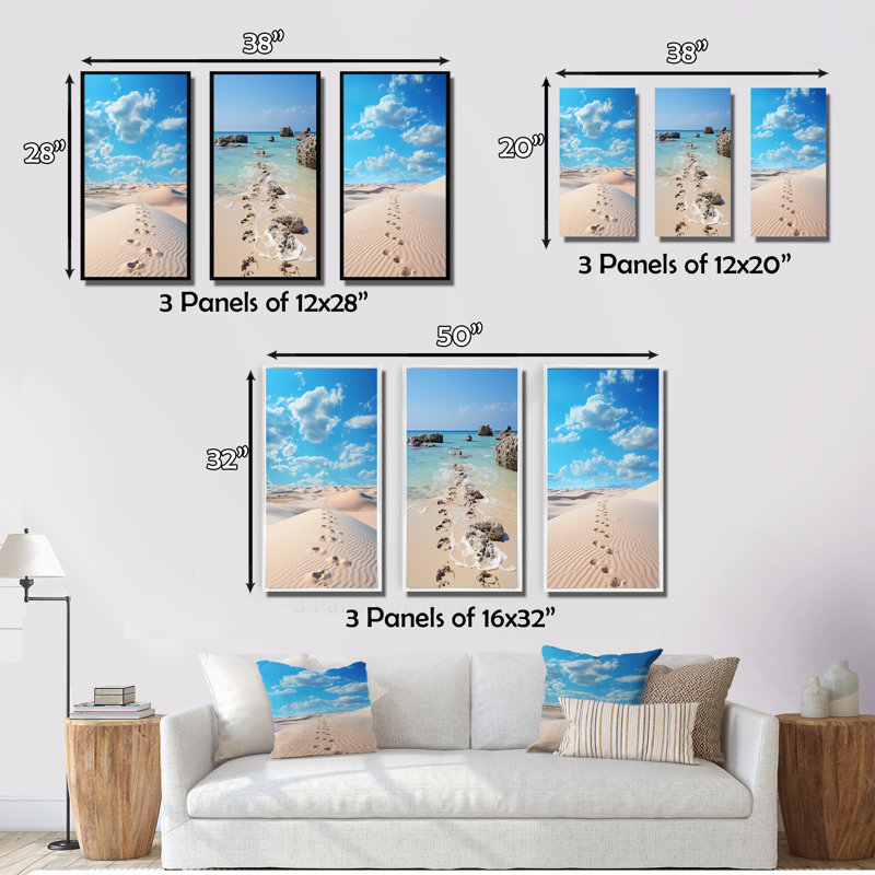 «Beach Photo Footprints In», 3 pièces sur toile, Cadre blanc, H 40 po x l 60 po