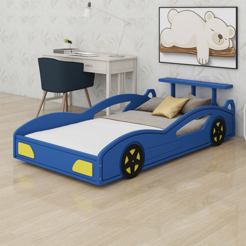 Lit plateforme en forme de voiture, Bleu/jaune