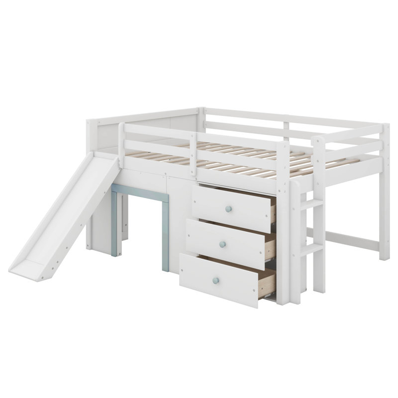 Full Size Low Loft Bed For Kids, Wood Modern Farmhouse Full Loft Bed With Slide And Drawer Storage, No Box Spring Needed