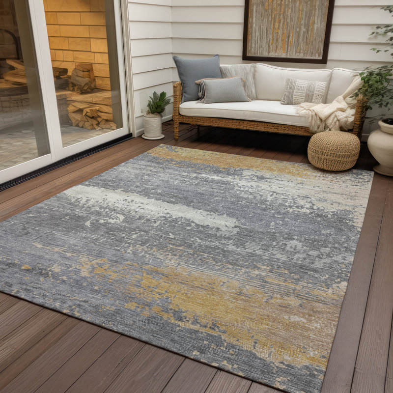 Machine Washable Indoor/Outdoor Xhevrie Gold Rug, Rectangle 3' x 5'
