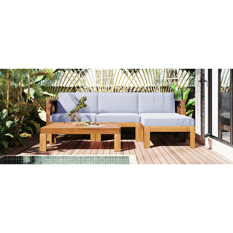 5 canapés modulaires d'extérieur avec coussins, bois naturel, gris, 2 canapés d'angle, 1 sans accoudoirs, table à thé pour un groupe de sièges spectaculaire, cadre en bois, gris