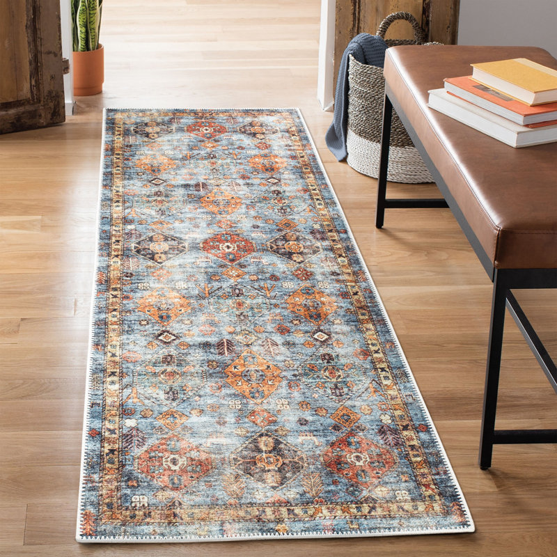  Tapis lavable antidérapant - Tapis de bordure traditionnel bleu / orange pour l'entrée, le couloir, la salle de bain et la cuisine