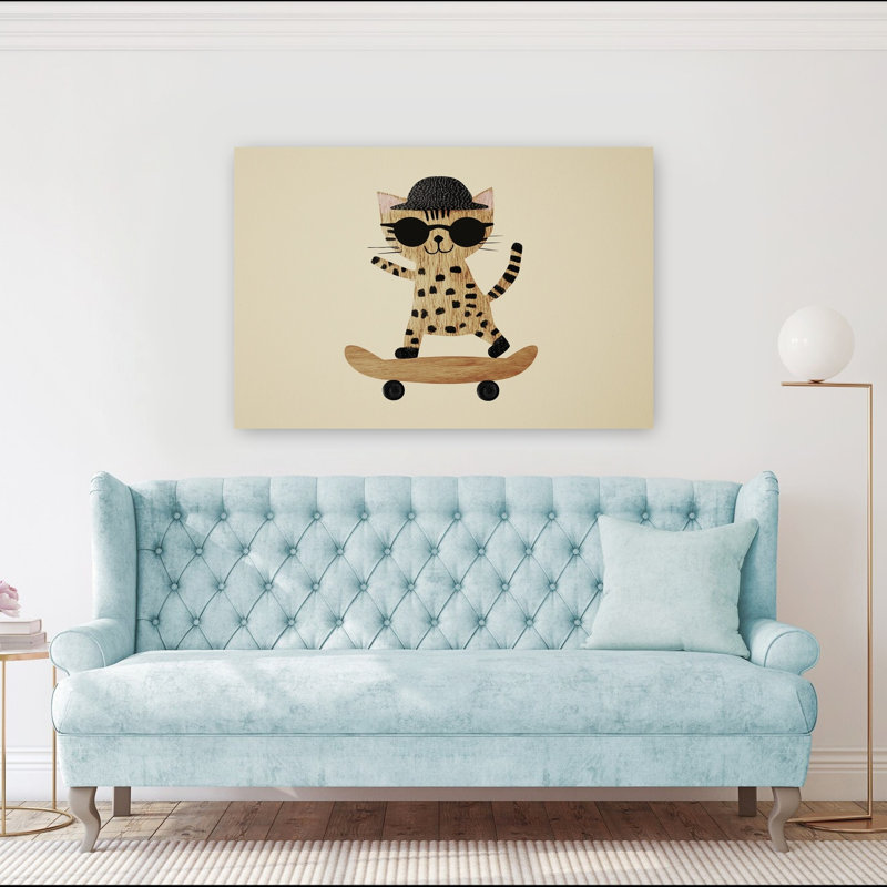 Cool Cat Skater Playful Retro Cat Wall Art Print 1 Piece Wrapped Canvas Wall Art, 101.6cm H x 152.4cm W