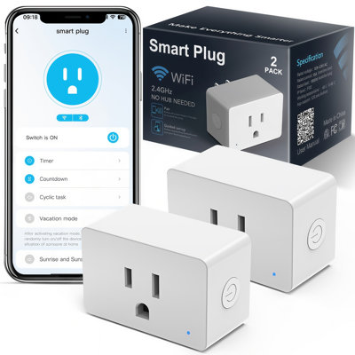 WiFi Smart Plug 2‑Pack, 15A US Smart Outlet Plug, Work with Alexa & Google Home, App Remote Control, Timer & Schedule Function, No Hub Required Wi‑Fi Smart Socket for Home Appliances