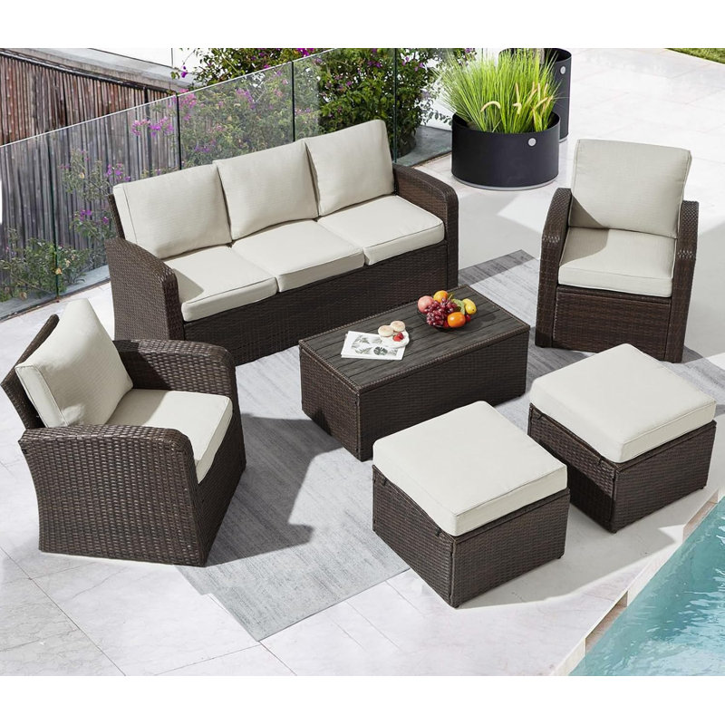 Ensemble de conversation pour canapé modulaire en osier de 6 pièces avec table et repose-pieds pour le jardin, la piscine et la cour