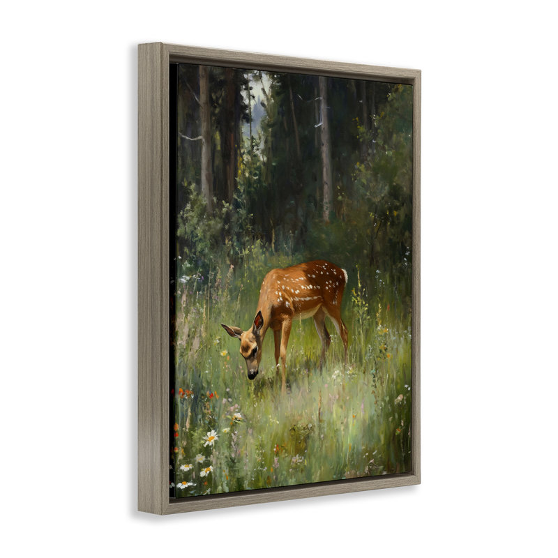 «Grazing Deer at Forest Glen», conception de Franklyn Gregory, Cadre flottant orme Montalcino, H 21 po x l 17 po