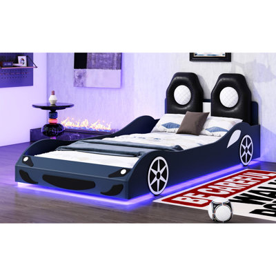 Comfortable Twin Size Race Car-Shaped Bed With Led And Relaxing Back Cushion, Blue Wood Padded Support - Quality Sleep