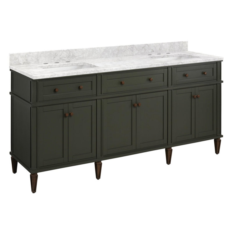72" Elmdale Double Vanity for Rectangular Undermount Sinks, Dark Olive Green, 8" Widespread, Carrara Marble