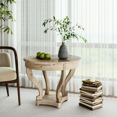 Petite table de salle à manger ronde, de style moderne, pieds galbés, fini bois naturel, 2 tiroirs de rangement, placage de sapin, aspect vieilli, construction en bois.