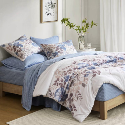 Édredon grand bleu à motif floral avec draps, microfibre douce, imprimé aquarelle, pour matelas jusqu'à 16 po, lavable à la machine pour le lit