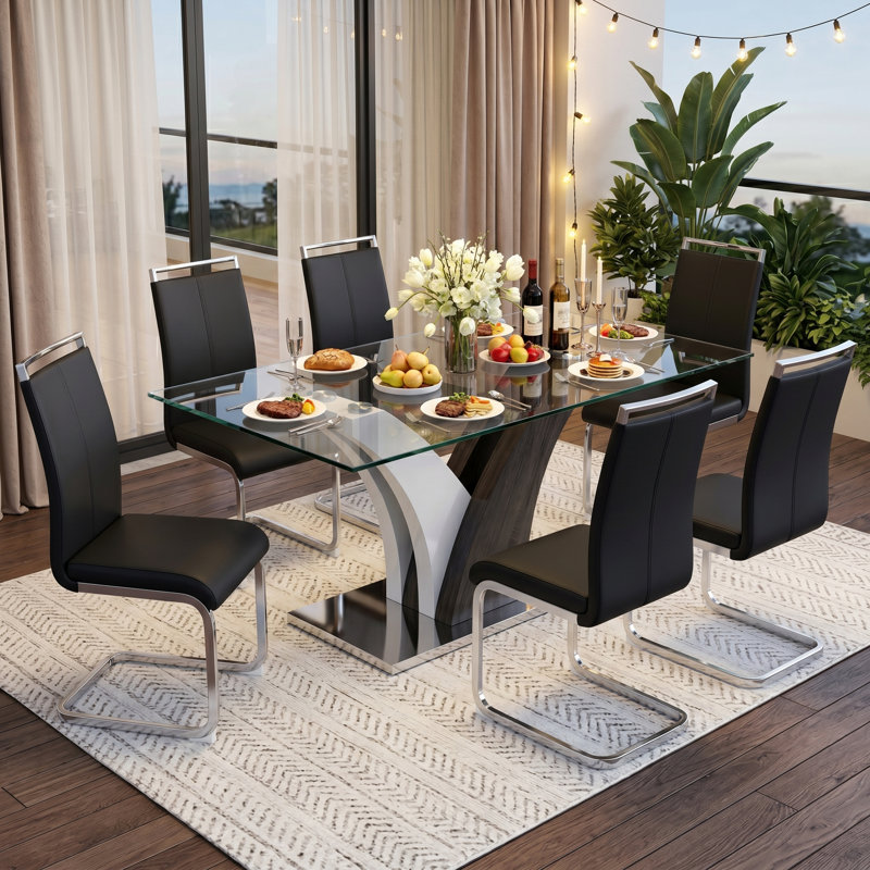 7-Piece Modern 63" Rectangular Tempered Glass Dining Set with Faux Leather Cantilever Chairs, Black