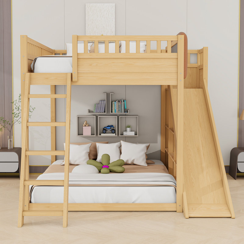 Lit mezzanine avec glissoire, échelle et tablettes de rangement, Grand lit, Naturel