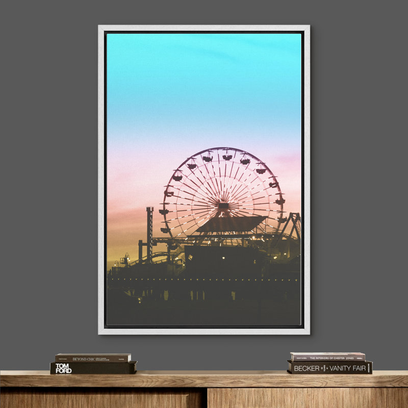 Signature signée, impression sur toile encadrée, grande roue à la jetée au crépuscule, photographie de plage, art moderne, nautique, paysage, coloré, ultra pour le salon, la chambre à coucher, le bureau - 24 po x 36 po - blanc