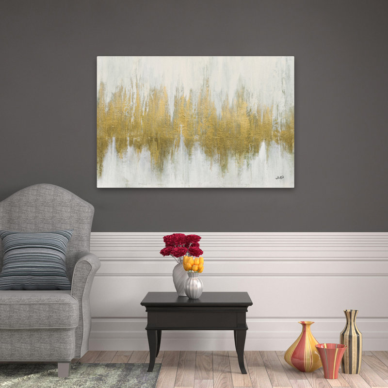 Glimmer I brossé doré à motif abstrait contemporain brossé doré doré à chevron beige, H 48 po x l 32 po