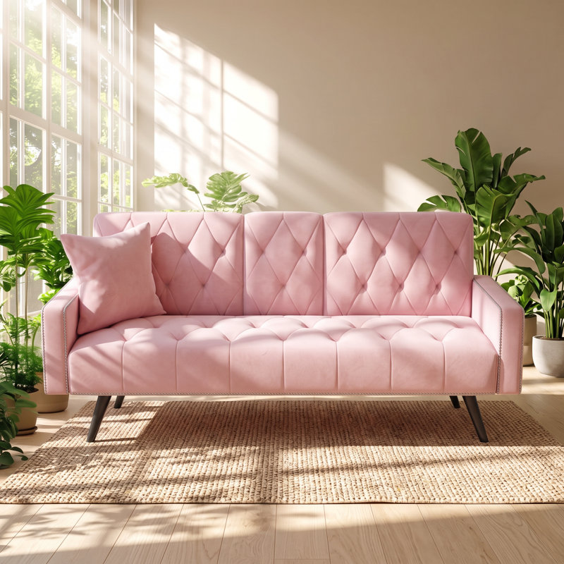 72.4" W x 24.8" D x 31.1" H Velvet Convertible Sleeper Sofa Bed with Nailhead Trim