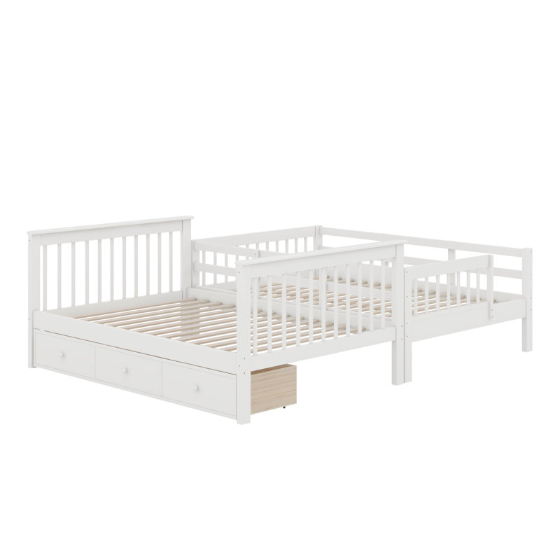 3 Drawers Wood Standard Bunk Bed, White, Full Over Full