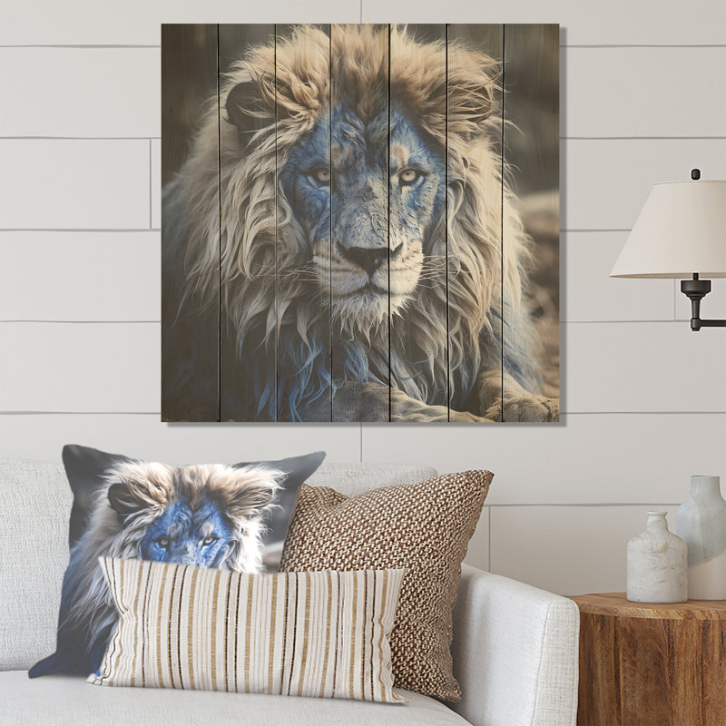 Blue Enigmatic Monarch Lion - Lion Animal On Wood Print, 15" H x 15" W