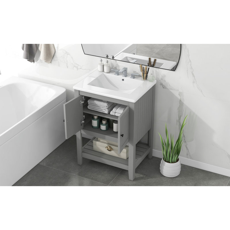 Meuble-lavabo moderne en céramique élégant avec meuble-lavabo à tablette ouverte, Gris