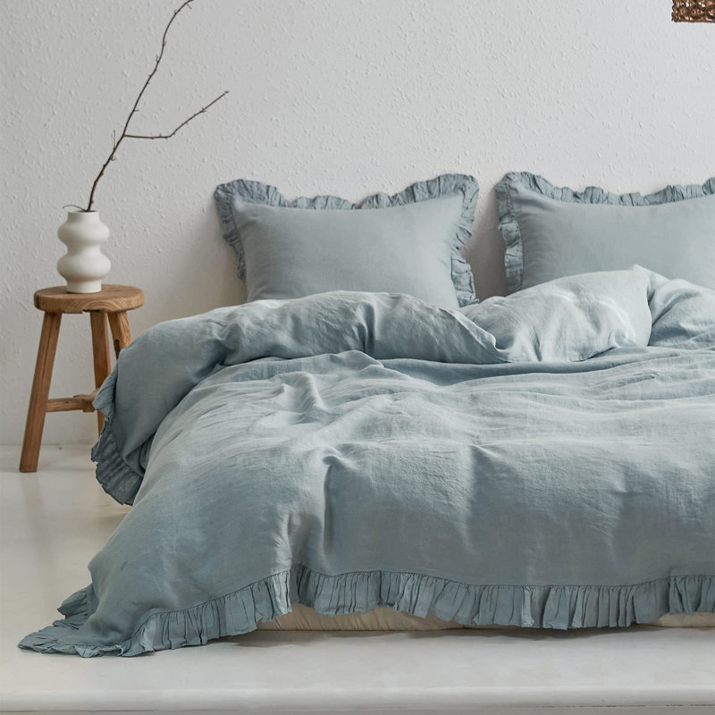 Dusty Blue King Size Linen Ruffled Duvet Cover Set