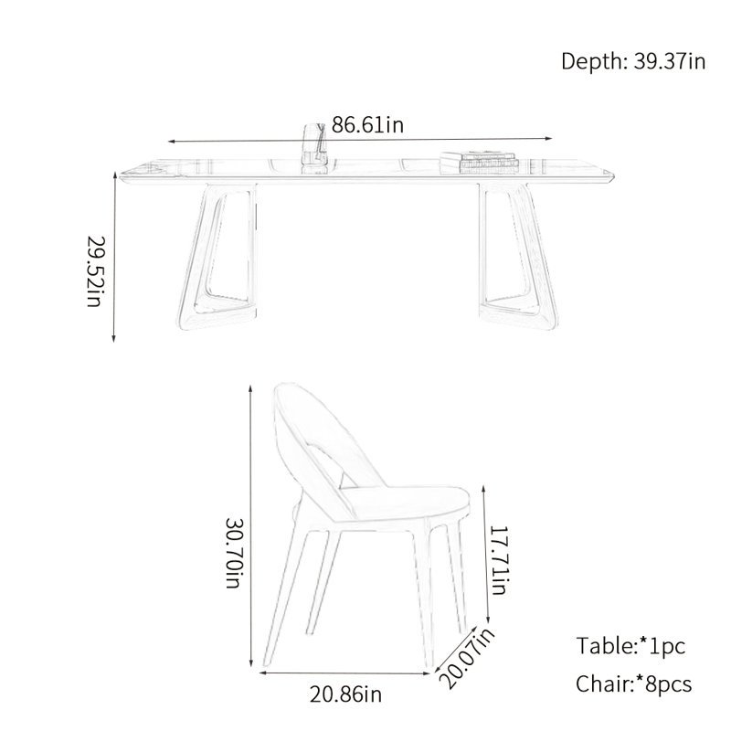 Ensemble de table de salle à manger moderne et luxueux, H 29,52 po x L 86,61 po x l 39,37 po