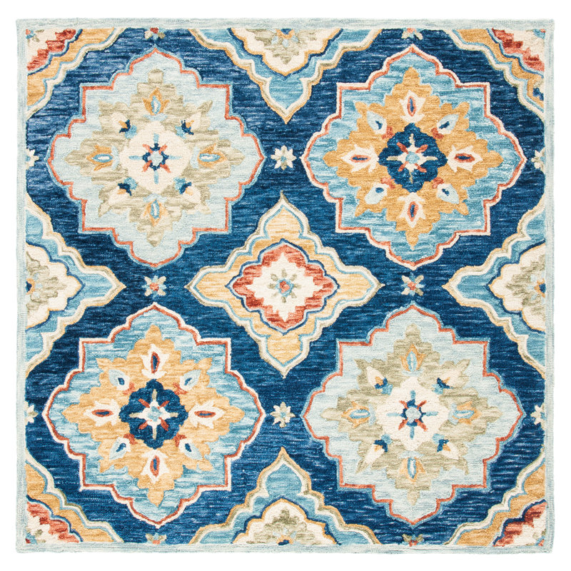 Deacon Damask Hand Tufted Wool Navy Area Rug, Square 6'