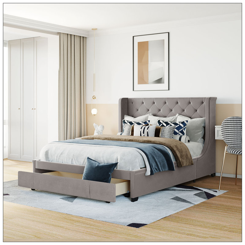 Darcy-Mae Upholstered Wingback Storage Bed, Gray