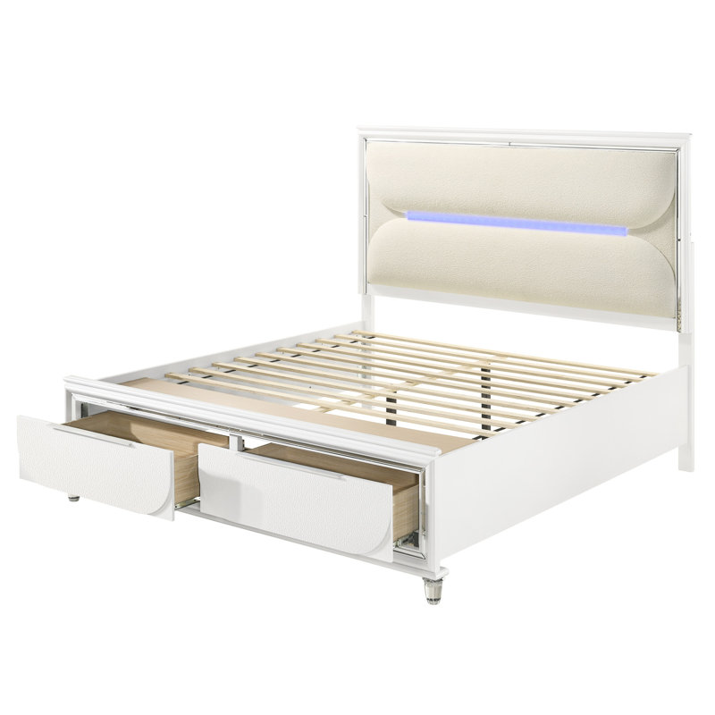 Grand lit avec DEL et rangement - Boucle blanche élégante et style contemporain, Grand lit